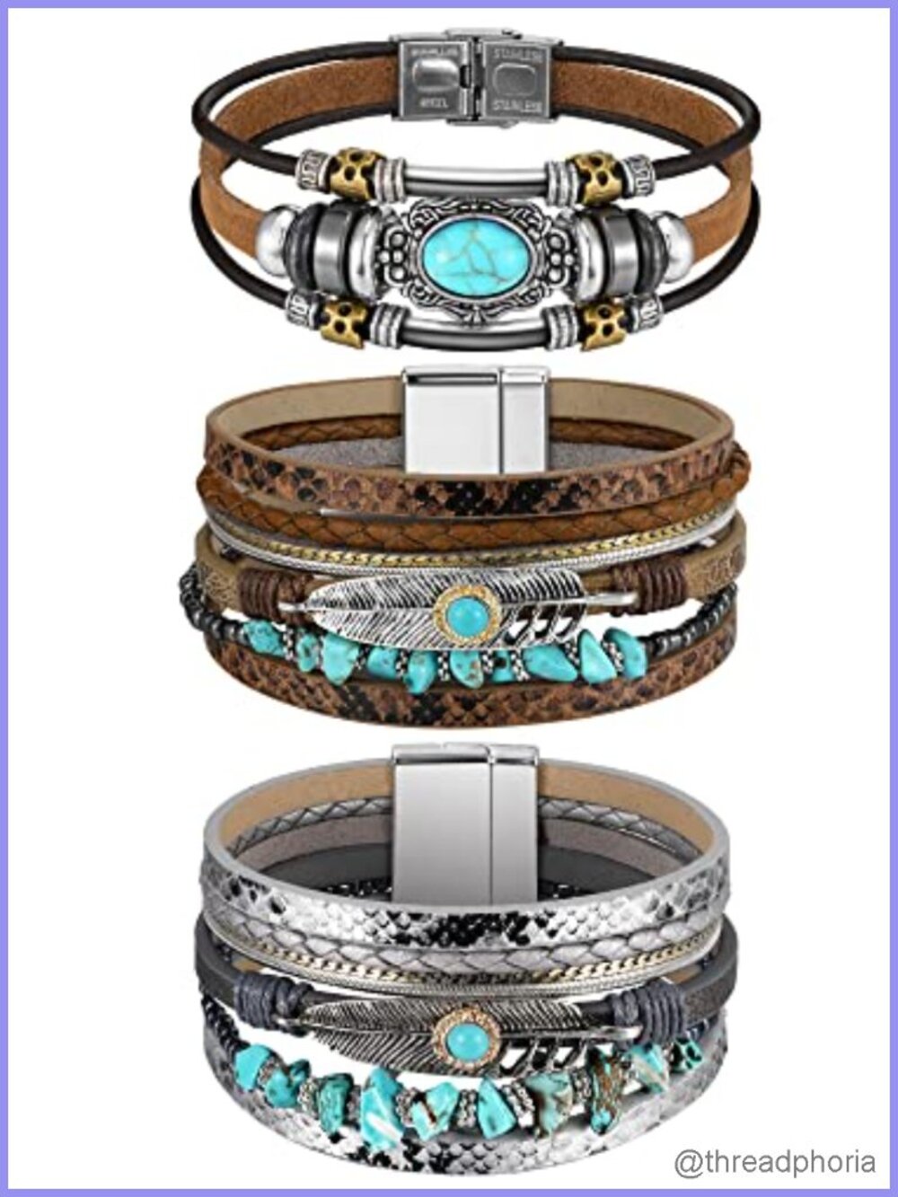 Boho Western Turquoise Leather Wrap Bracelets Set of 3 Adjustable Women